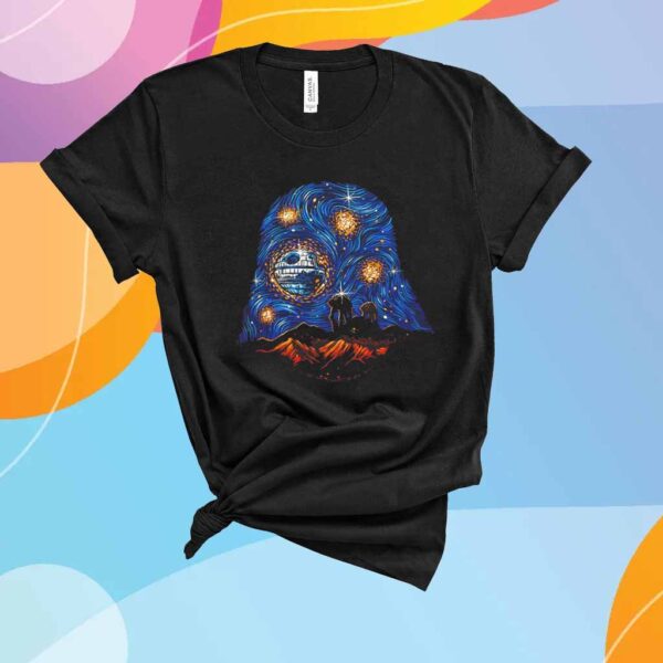 Starry Empire Night Star Wars a landscape with AT-AT and the Death Star X Darth Vader’s helmet T-Shirt